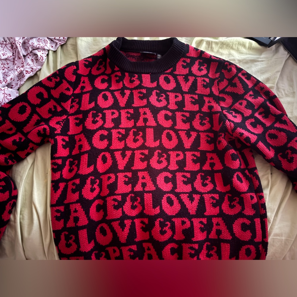 Red and black love and peace knit sweater